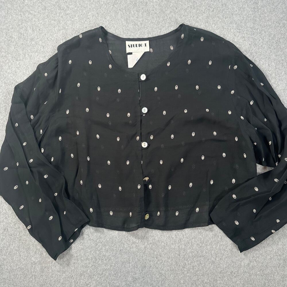 Studio I Vintage Sheer Cropped Blouse Womens 24W Black Dotted Long Sleeve Button